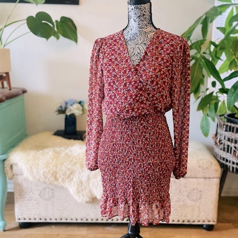 ROWA Burgundy Floral Long Sleeve Dress, Smocked Ruffle Detail, Size M